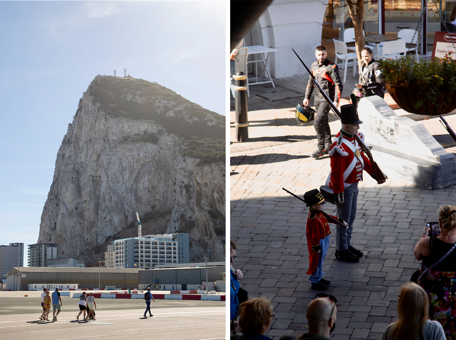 Pedestrians walking across the Gibraltar airport runway with the Rock of Gibraltar behind them; a young boy marching alongside soldiers in period British Redcoat uniforms at Casemates Square, Gibraltar Pedestrians walking across the Gibraltar airport runway with the Rock of Gibraltar behind them; a young boy marching alongside soldiers in period British Redcoat uniforms at Casemates Square, Gibraltar