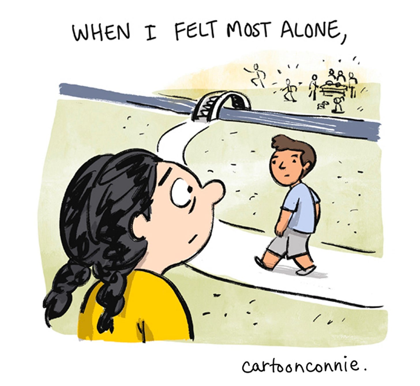 Panel 3/6 of a 6-panel comic strip illustrating a visual metaphor of how individuals can be a bridge to belonging, even when we feel isolated and alone. Titled "Bridges To Belonging," 2026, by Connie Sun, cartoonconnie. Panel 3/6 of a 6-panel comic strip illustrating a visual metaphor of how individuals can be a bridge to belonging, even when we feel isolated and alone. Titled "Bridges To Belonging," 2026, by Connie Sun, cartoonconnie.
