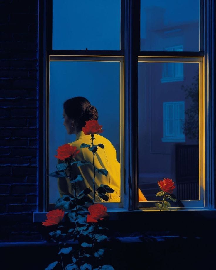 This may contain: a woman standing in front of a window next to a flower pot filled with red roses This may contain: a woman standing in front of a window next to a flower pot filled with red roses