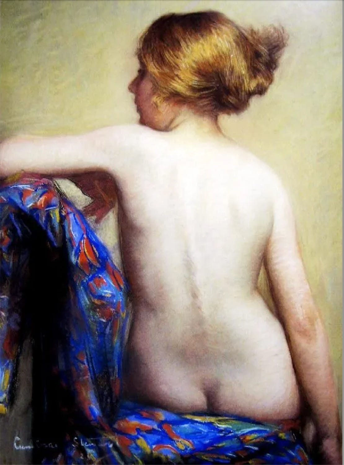 painting of blonde nude woman, back to viewer; arm resting on a blue patterned throw, head in profile painting of blonde nude woman, back to viewer; arm resting on a blue patterned throw, head in profile