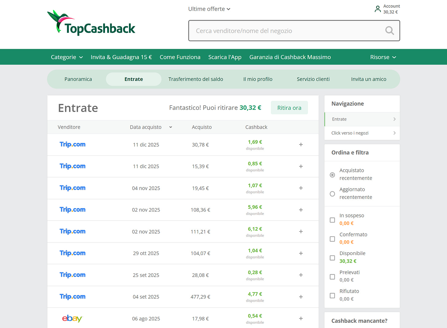 Uno screenshot della pagina del mio saldo su Topcashback. Uno screenshot della pagina del mio saldo su Topcashback.