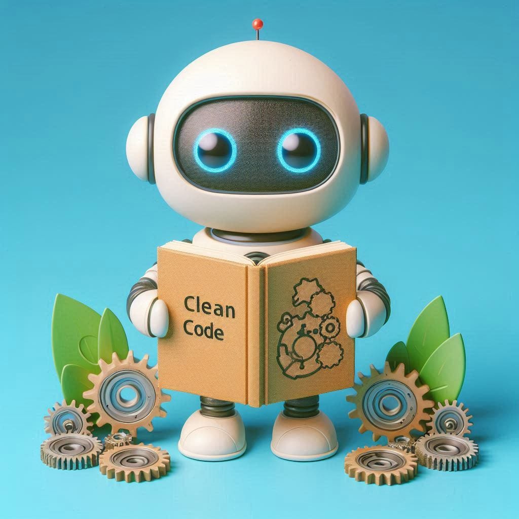 Robô simpático com manual de código limpo
Um robozinho segurando um livro com o título "Clean Code" ou "Boas Práticas", com engrenagens organizadas ao redor. Robô simpático com manual de código limpo
Um robozinho segurando um livro com o título "Clean Code" ou "Boas Práticas", com engrenagens organizadas ao redor.