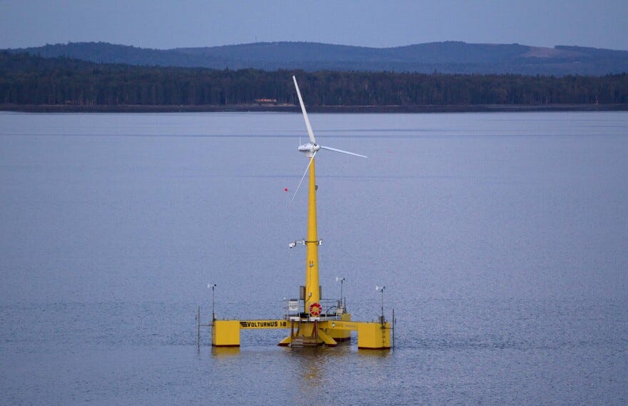 In this Friday, Sept. 20, 2013 photo, the University of Maine's 9,000-pound prototype wind turbine generates power off the coast of Castine, Maine. It was the country's first floating wind turbine.
