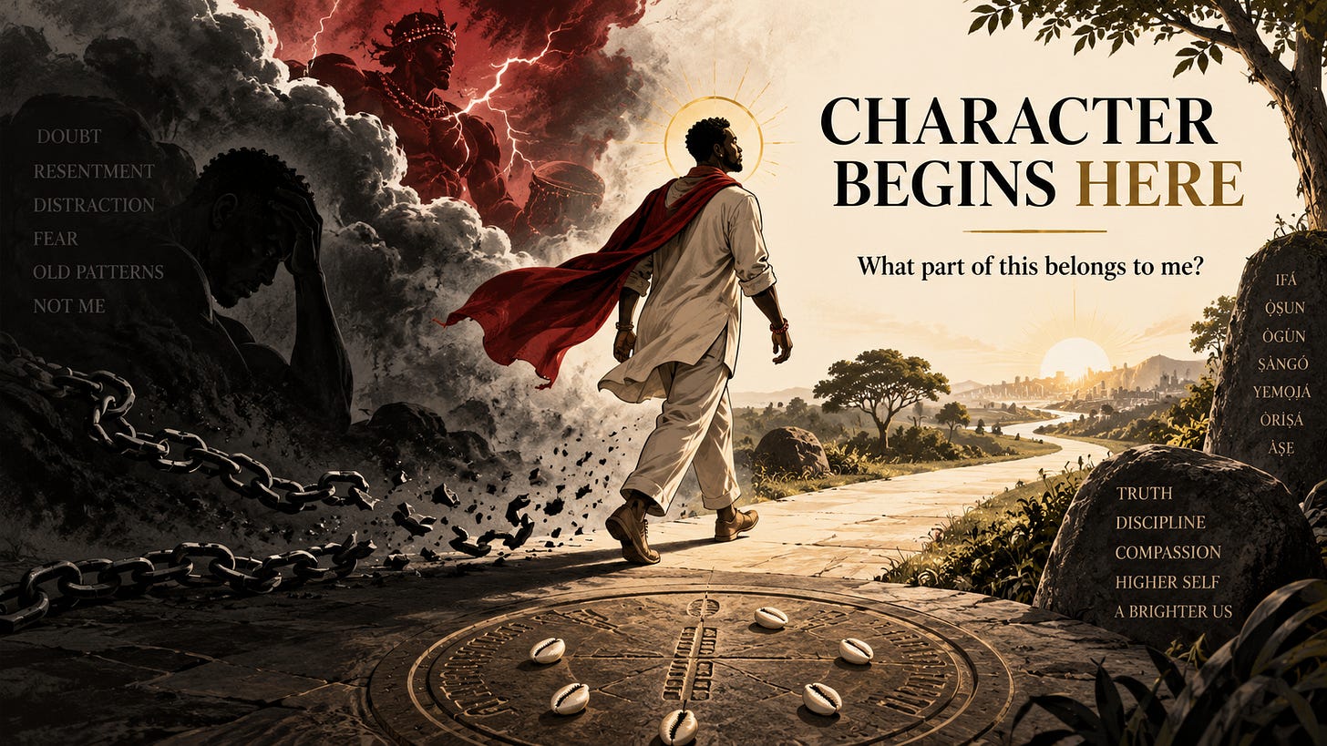 A Black man walks from a dark storm-filled landscape toward a bright open road and sunrise. Broken chains and shadowed imagery remain behind him, while cowrie shells and an Ifá-inspired circular form appear in the foreground. Subtle Ṣàngó imagery and lightning emerge from the clouds. The image reads “CHARACTER BEGINS HERE — What part of this belongs to me?”