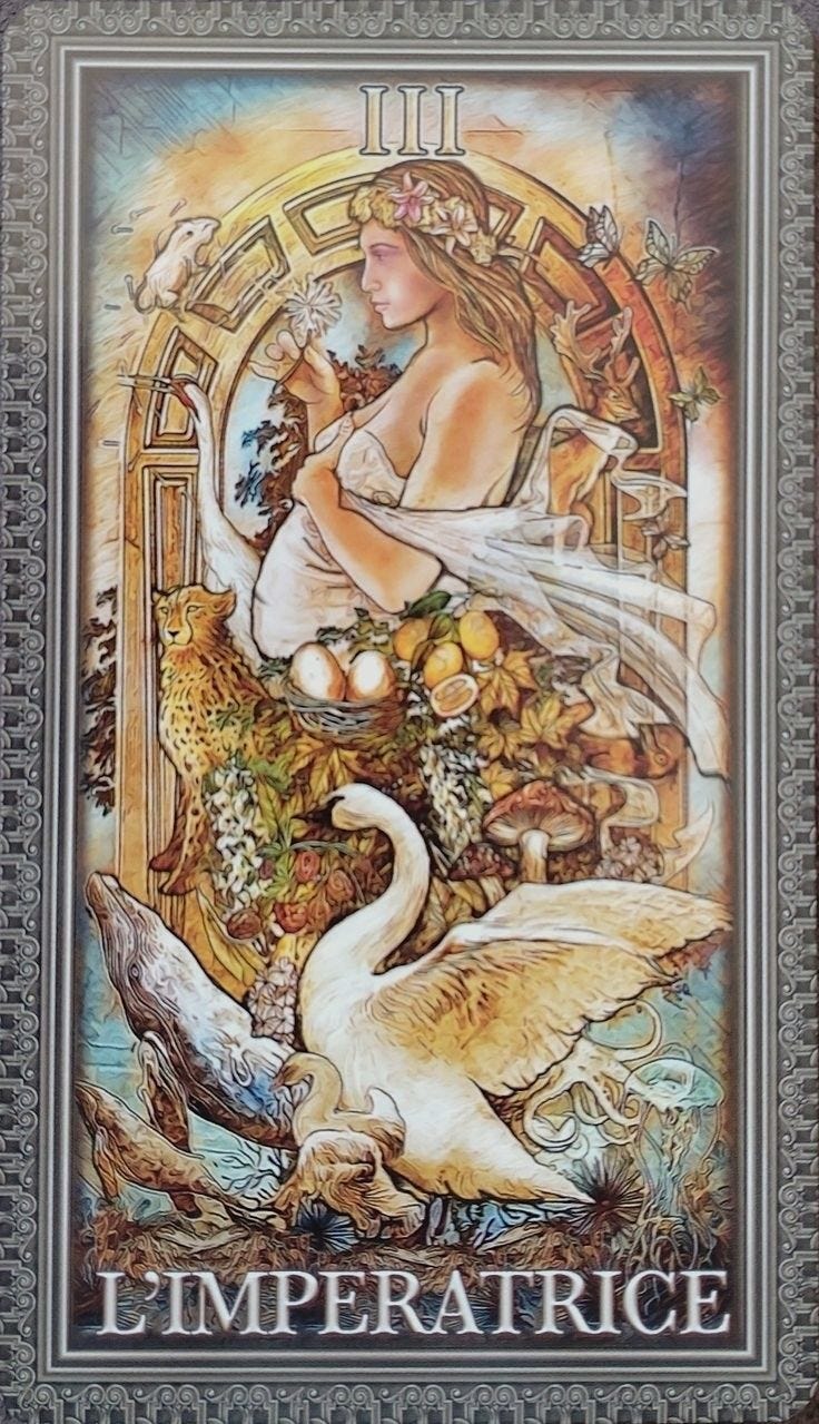 This may contain: an image of a woman surrounded by birds and flowers with the words empress on it