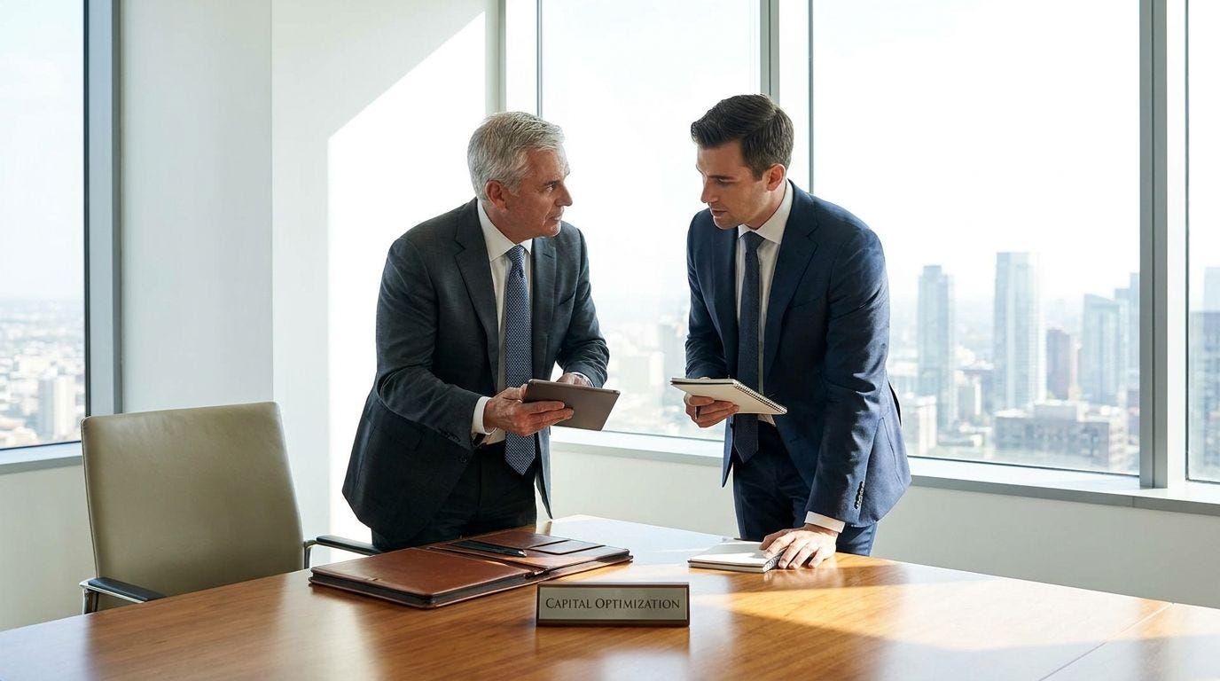 Business owner reviewing capital structure options and exit planning documents with a financial advisor Business owner reviewing capital structure options and exit planning documents with a financial advisor