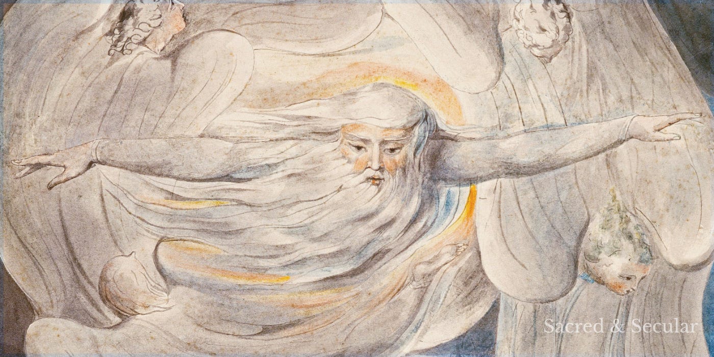 William Blake artwork depicting God appearing to Job from a whirlwind as Job looks upward in wonder, symbolising humility before divine wisdom and the mysteries of creation. William Blake artwork depicting God appearing to Job from a whirlwind as Job looks upward in wonder, symbolising humility before divine wisdom and the mysteries of creation.