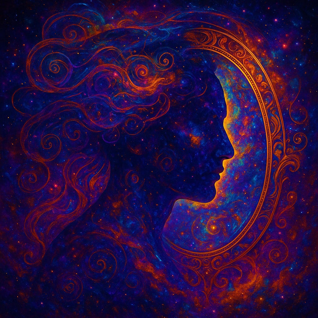 A vibrant cosmic artwork of a silhouetted face within a glowing mirror, surrounded by swirling nebulae, fractal patterns, and radiant threads of color, symbolising the evolution of language from signals to symbols and the weaving of recognition across the cosmos.