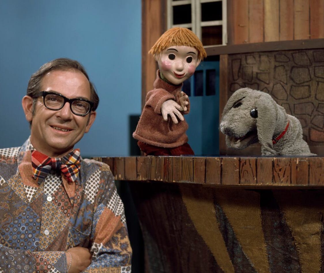 A photo of Mr Dressup, and puppets Casey and Finnegan.