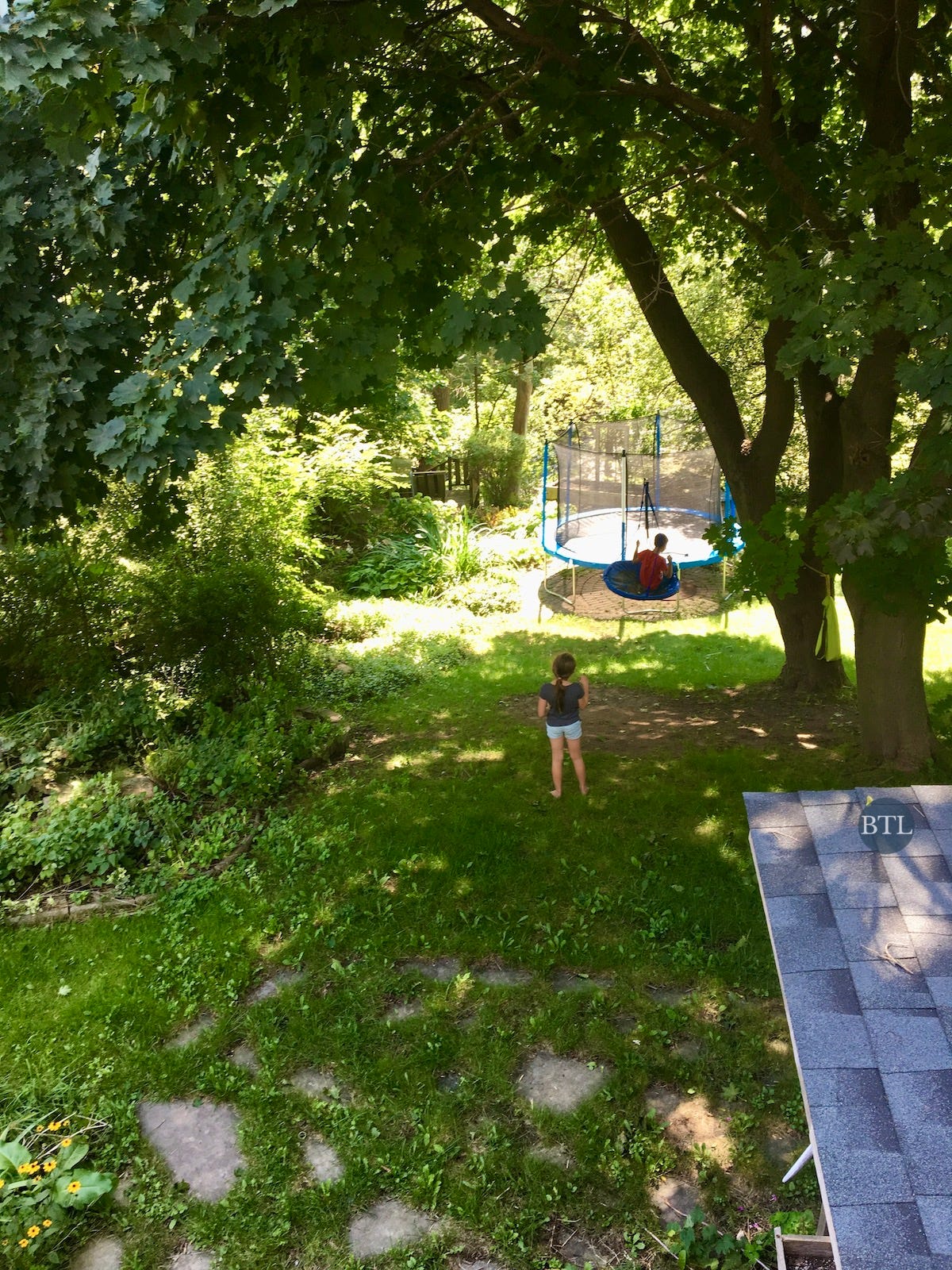 A child stands in a green backyard under tall trees, looking toward a trampoline where another child plays.