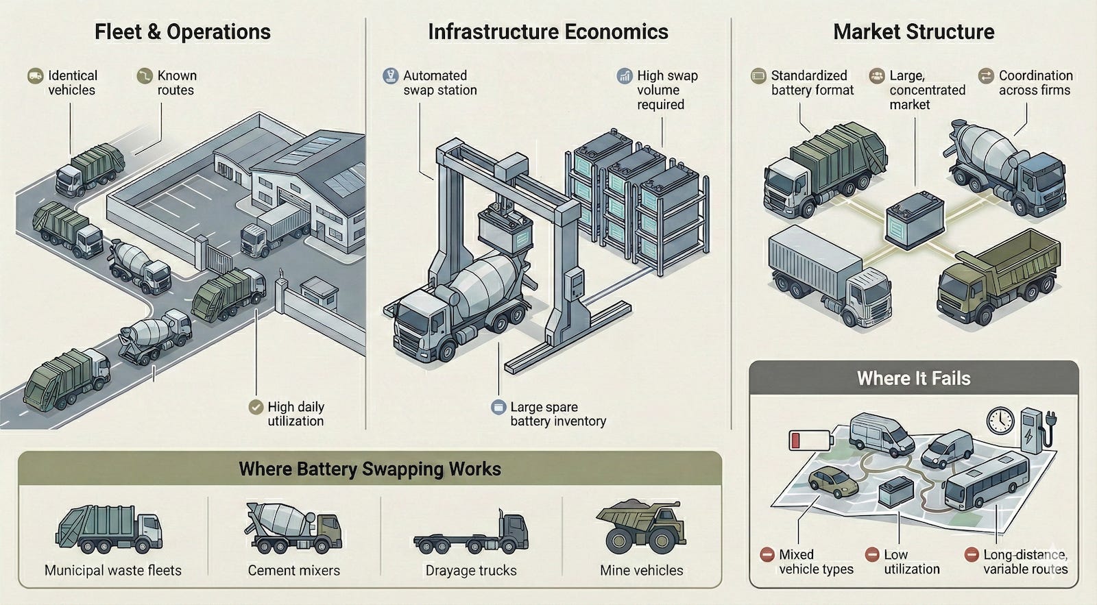Google Gemini generated this infographic, which outlines the key operational, economic, and market conditions required for successful battery swapping in heavy-duty transportation, including examples of suitable applications and potential failure points. Google Gemini generated this infographic, which outlines the key operational, economic, and market conditions required for successful battery swapping in heavy-duty transportation, including examples of suitable applications and potential failure points.