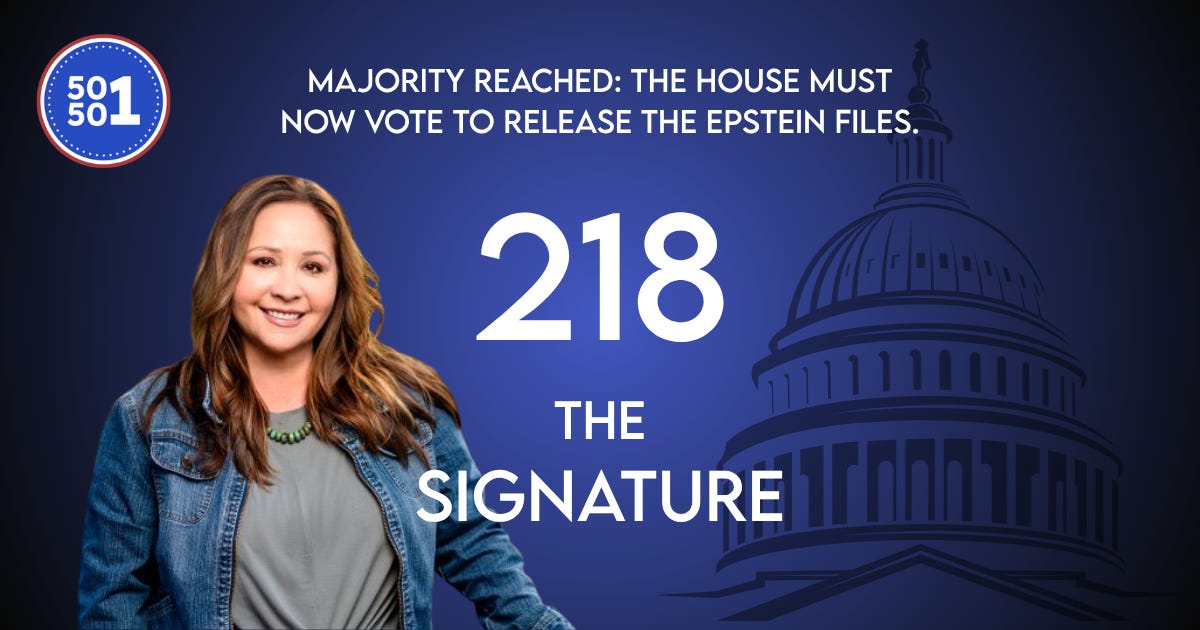 Dramatic header with number 218 representing the signature threshold to force House vote on releasing Jeffrey Epstein investigation files