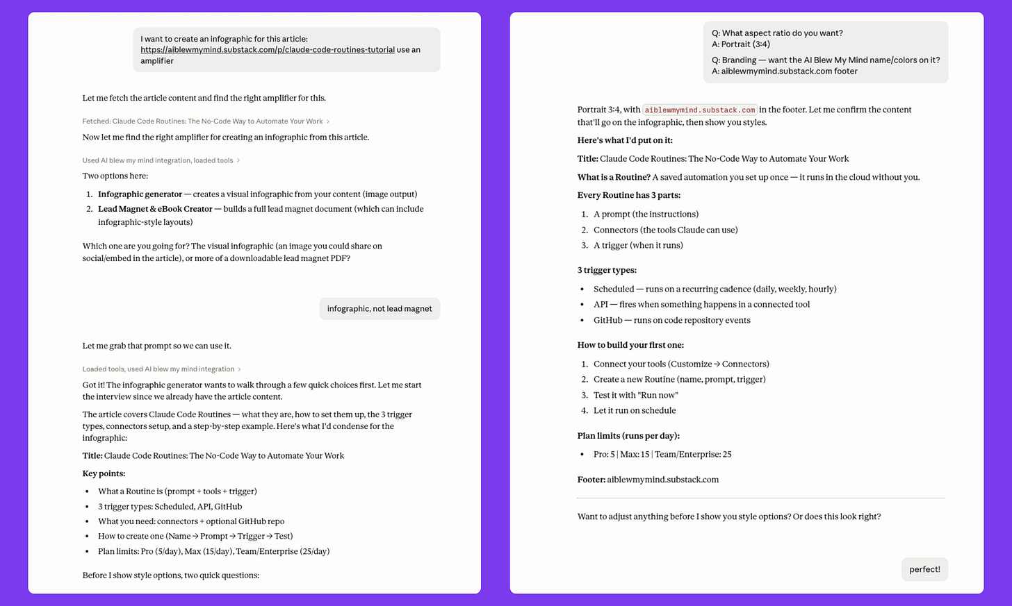Screenshot showing infographic generator interview step with option selection and refined Claude Code Routines content draft including triggers setup steps and limits