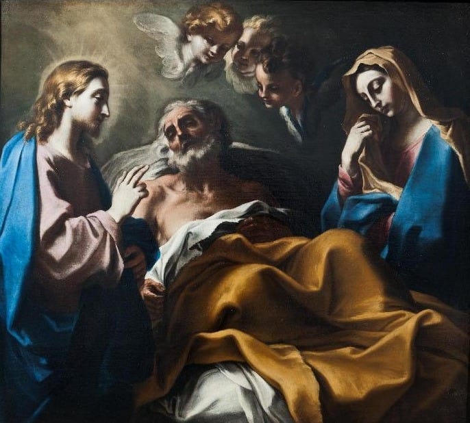 Painting: "The Death of St. Joseph." An elderly man on his deathbed, with Jesus to one side and Mary to the other, and the winged heads of angels floating above. Painting: "The Death of St. Joseph." An elderly man on his deathbed, with Jesus to one side and Mary to the other, and the winged heads of angels floating above.