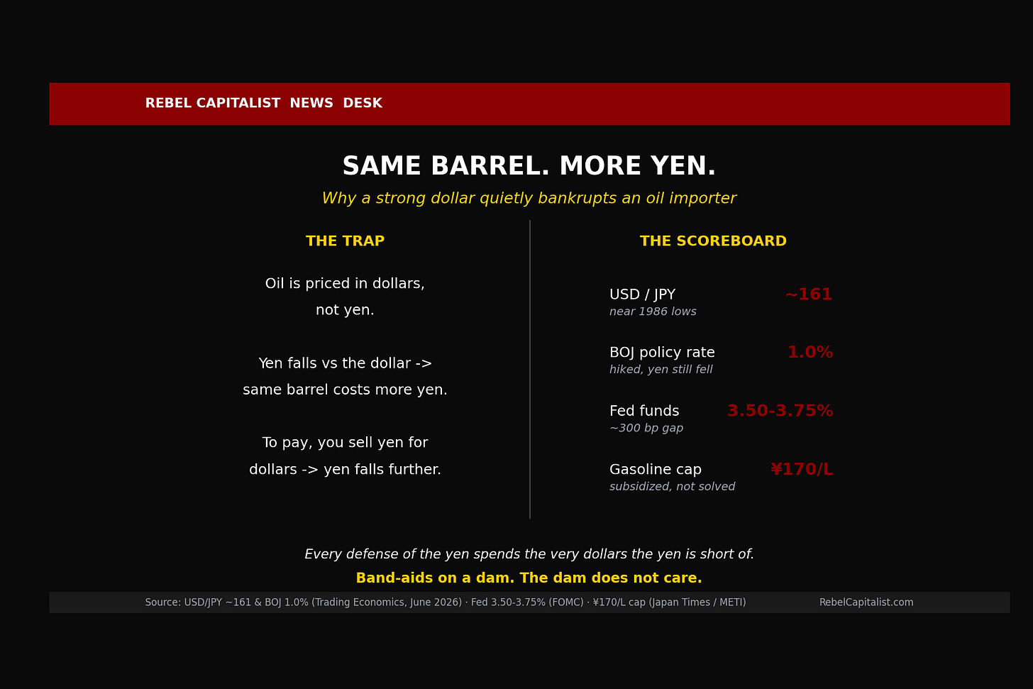 Rebel Capitalist infographic explaining how a weak yen raises Japan oil import costs