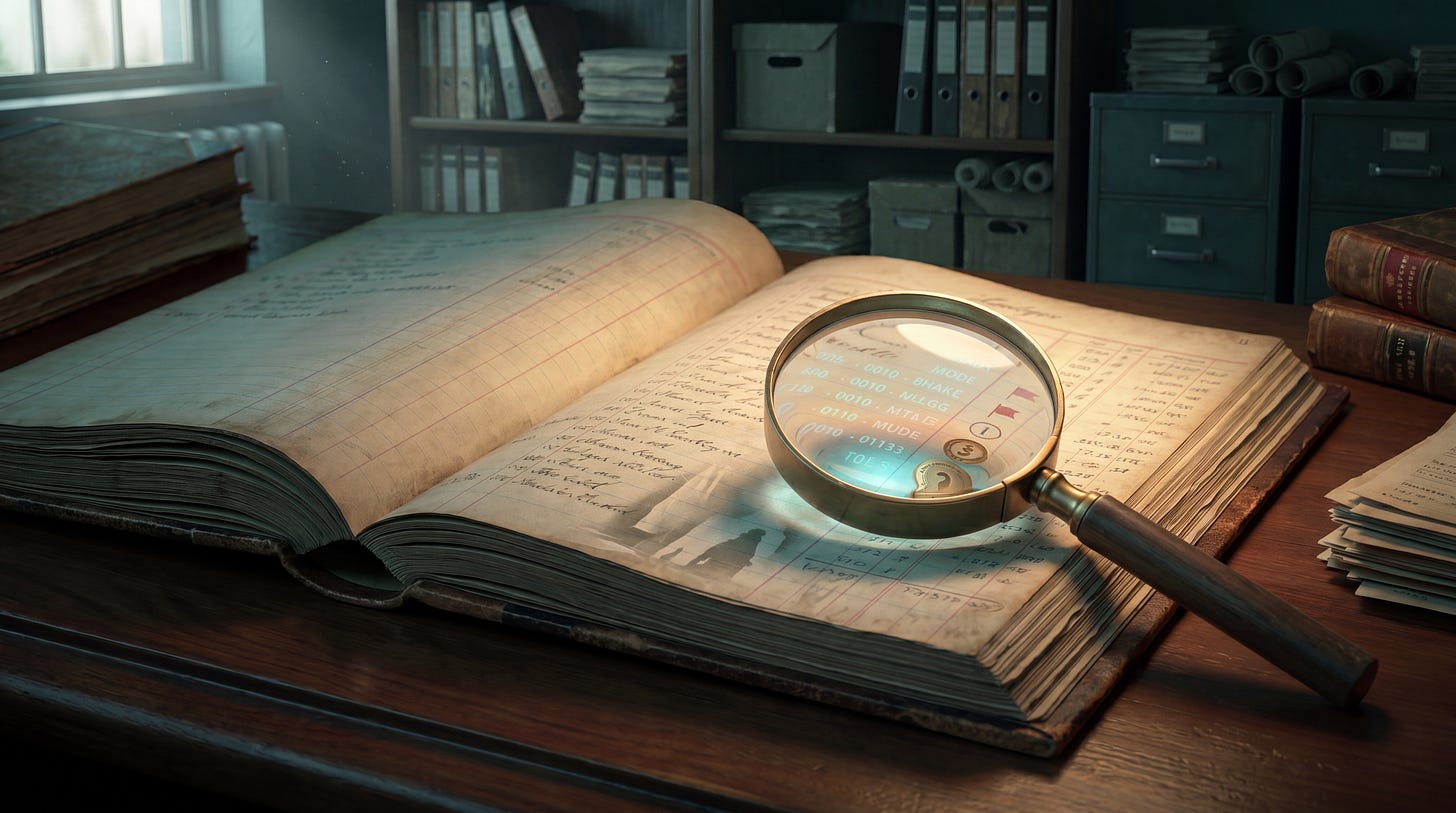 An open financial ledger sits on a wooden desk beneath a magnifying glass, with faint digital numbers glowing through the lens and archive shelves in the background.