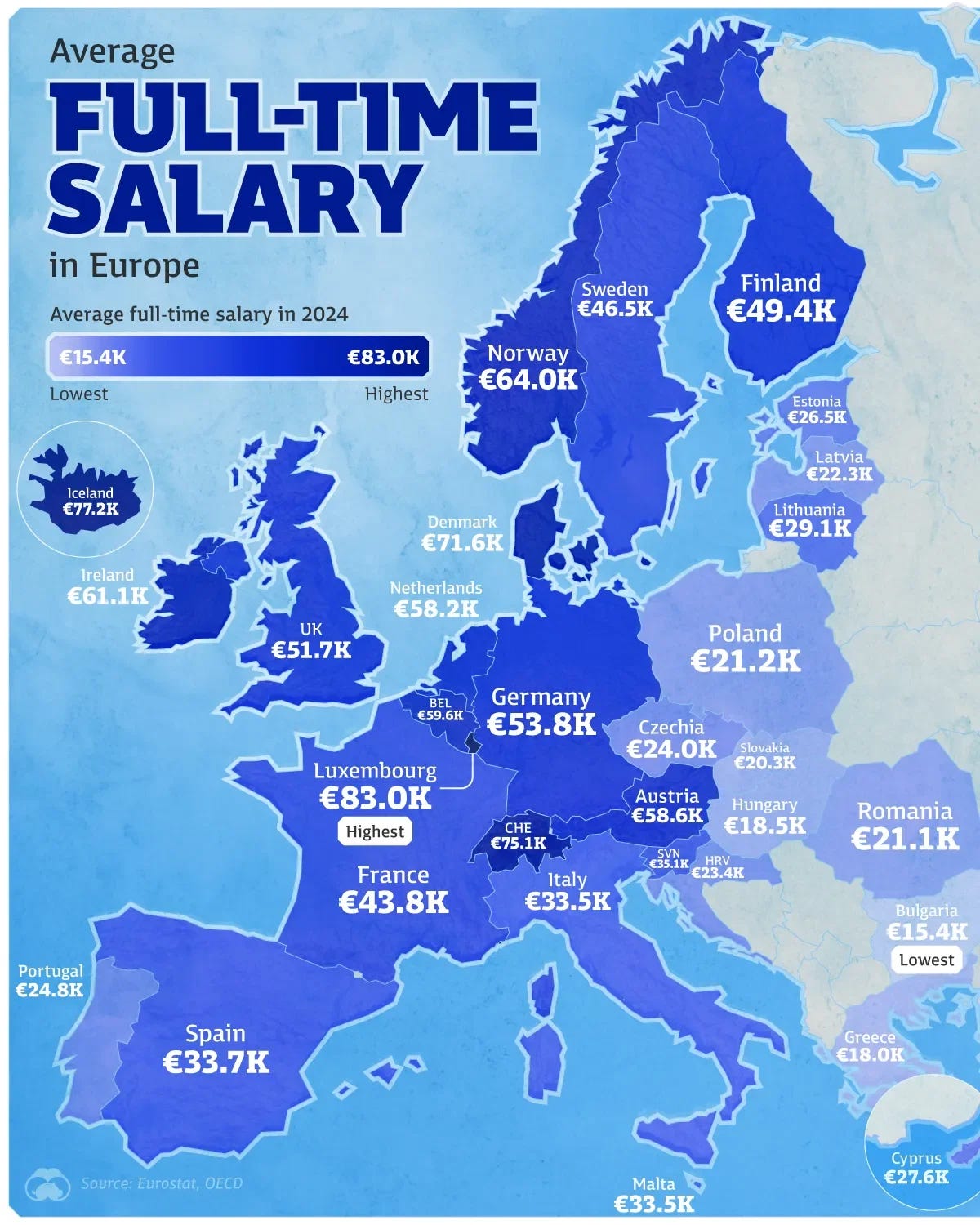 Mapped: Average Full-Time Salary in Europe by Country Mapped: Average Full-Time Salary in Europe by Country