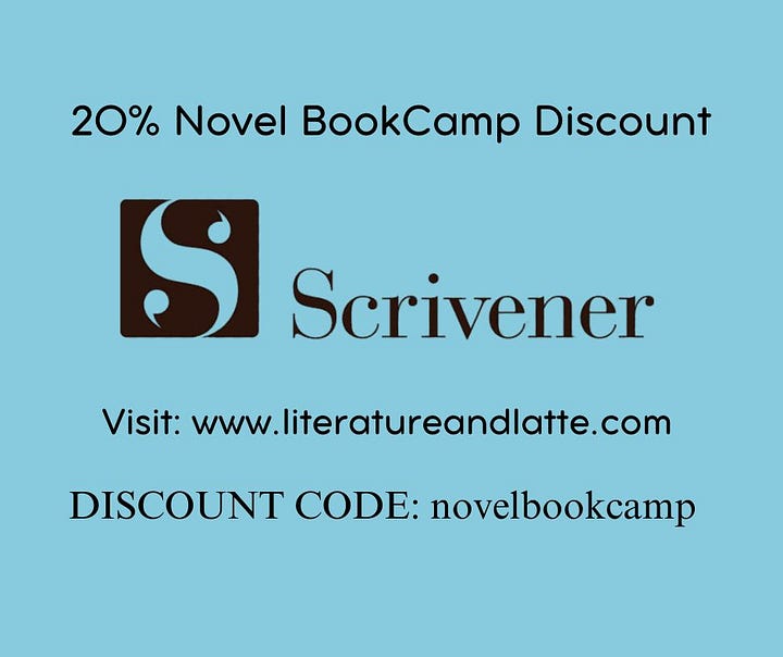 Plottr 15% Discount code: NBC15; Scrivener 20% Discount Code: novelbookcamp