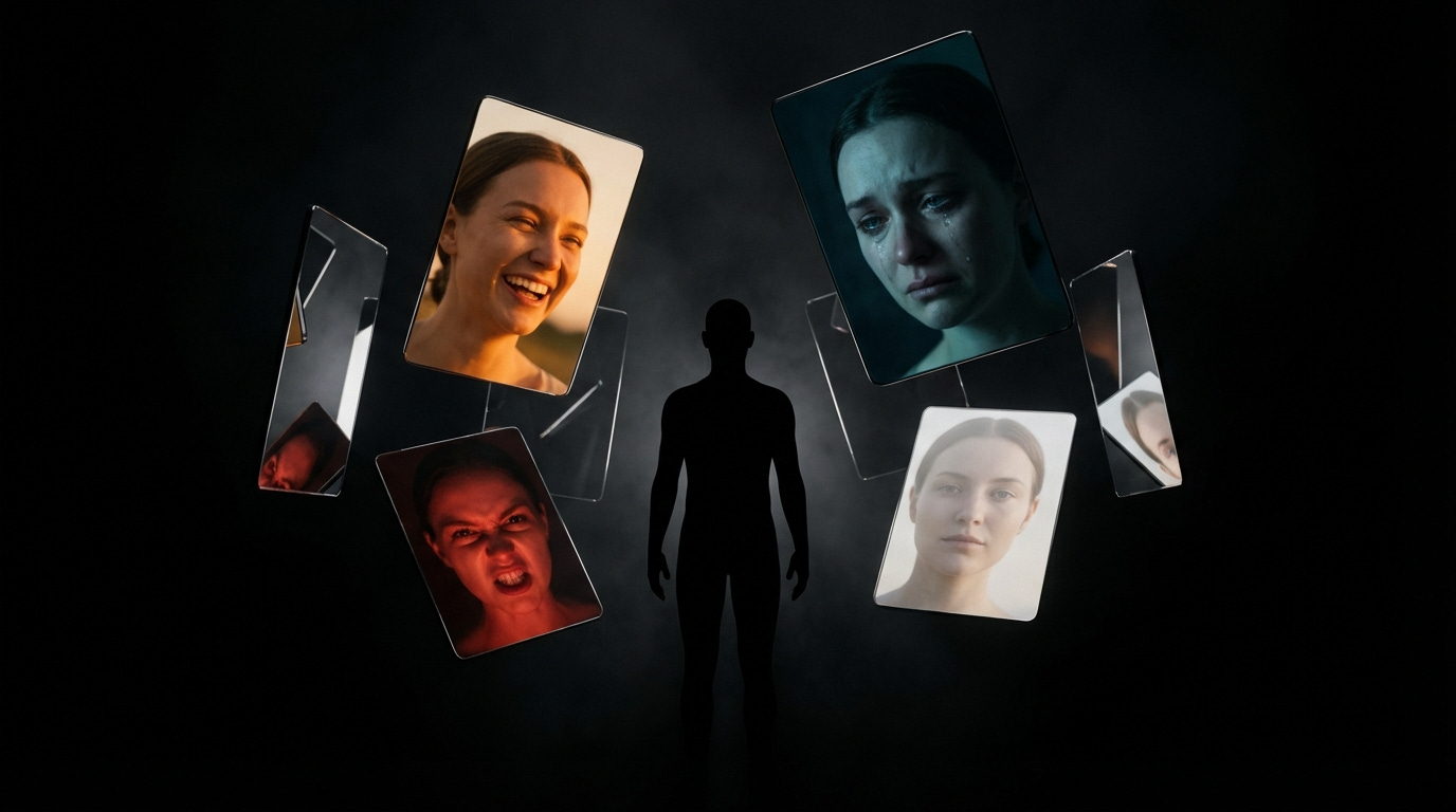 A silhouette of a person surrounded by mirrors that show different facets of their personality