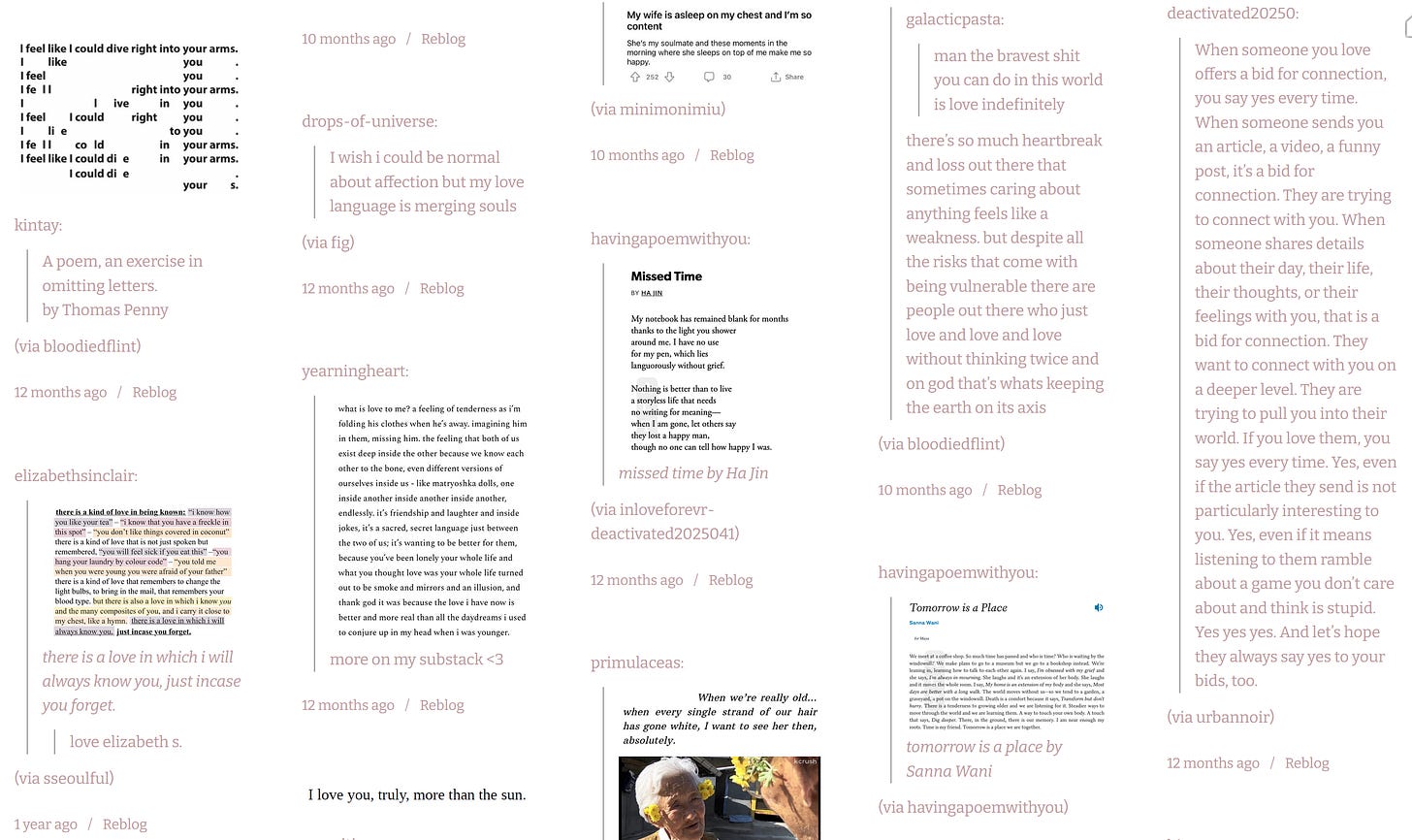 a screencapture of my tumblr tag life, which contains various poems, text posts, and images talking about love. both romantic and platonic.