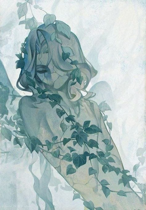 This may contain: a painting of a woman's head with leaves and vines on her body, against a white background