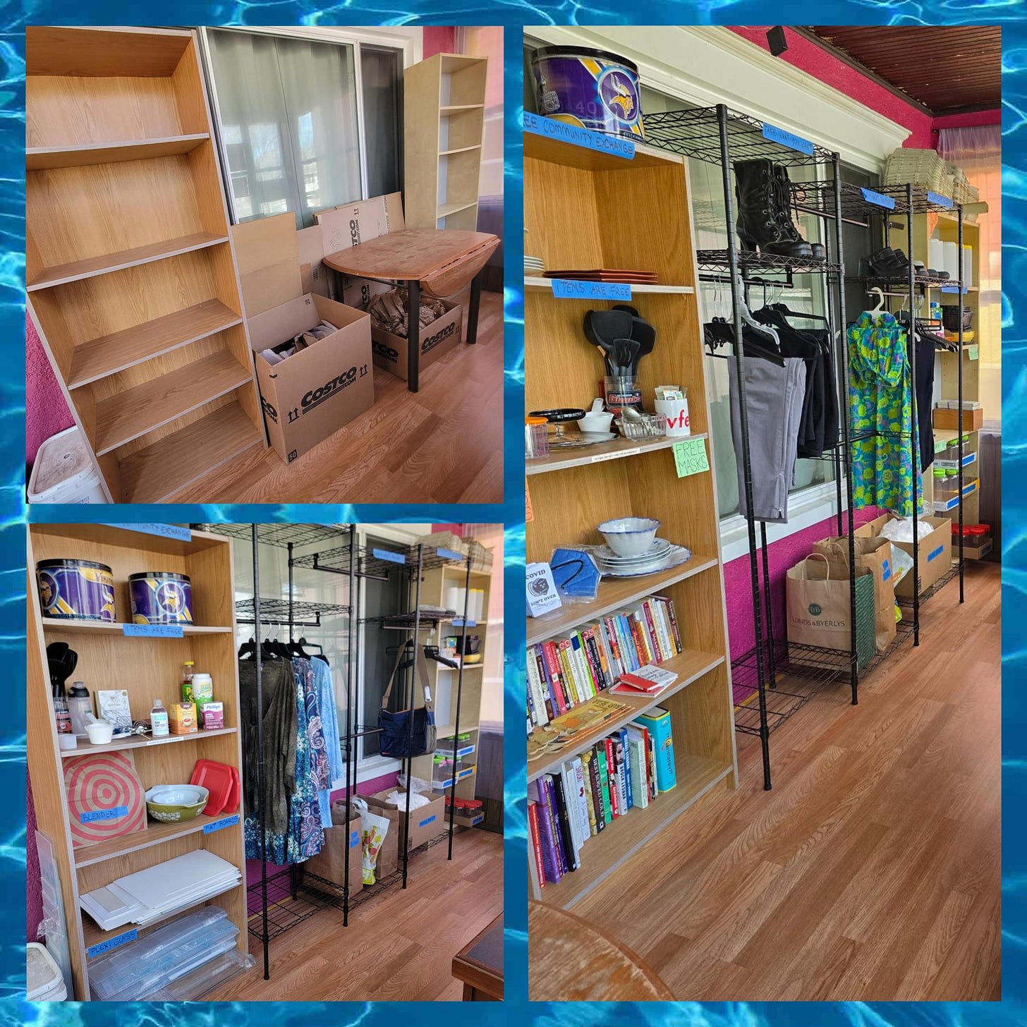 A three photo collage of the same part of a front porch showcasing three separate variations. In the top left, there are two empty bookshelves with a table and some large boxes in between. In the bottom right, the table and boxes have been removed to space for a clothing rack between the bookshelves. In the third image, the space has evolved with different items on the shelves and clothing rack.