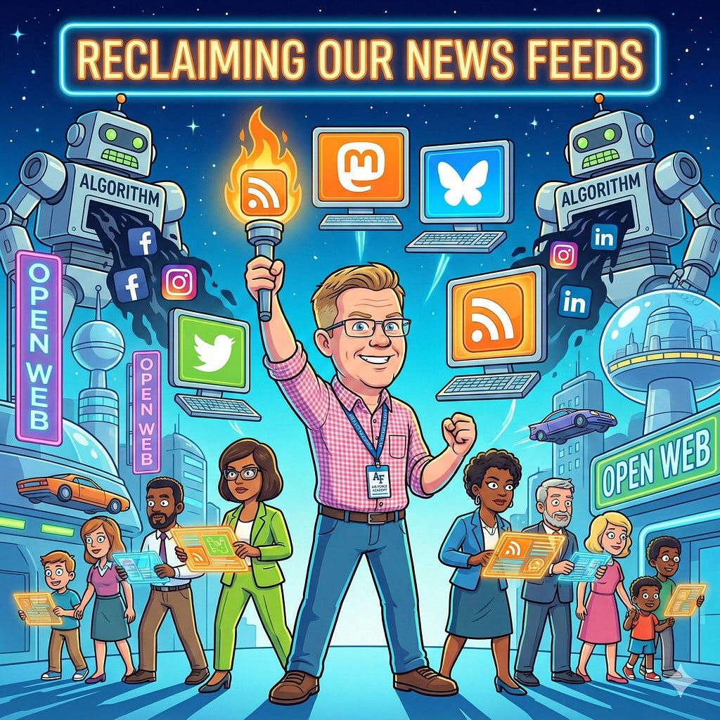 In a vibrant, retro-futuristic cartoon style, a friendly middle-aged man with short sandy hair and glasses stands heroically in the center, wearing a pink gingham shirt and a blue lanyard. He holds a glowing orange RSS feed torch high, leading a diverse group of community members holding their own digital panels. In the background, giant "ALGORITHM" robots spew dark social media icons, while floating screens display Mastodon, Bluesky, and RSS logos. The scene is set in a neon space-age city with flying cars and "OPEN WEB" banners under a glowing title that reads, "RECLAIMING OUR NEWS FEEDS."