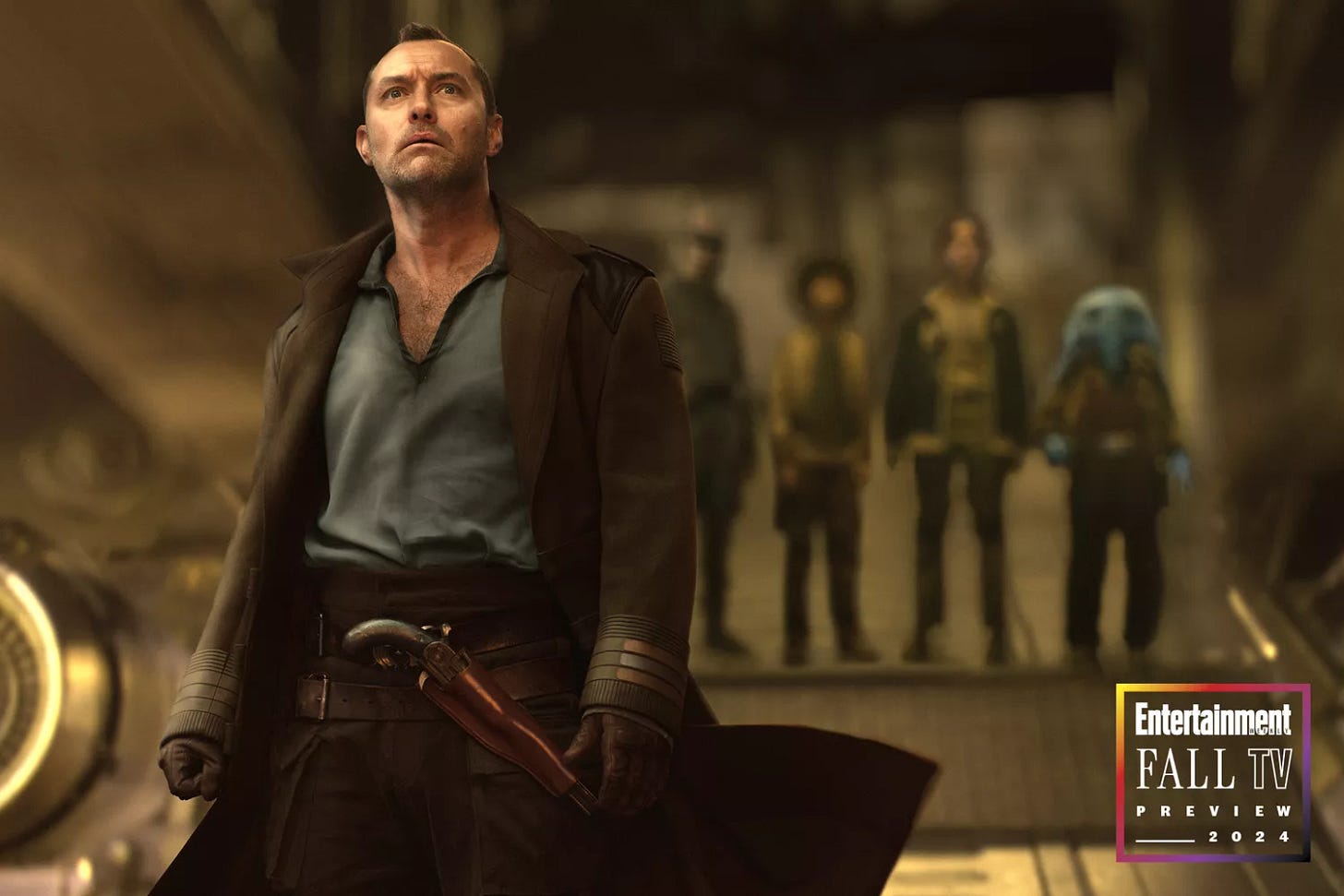 Jod Na Nawood (Jude Law), KB (Kyriana Kratter), Wim (Ravi Cabot-Conyers), Fern (Ryan Kiera Armstrong), and Neel (Robert Timothy Smith) in 'Star Wars: Skeleton Crew' Jod Na Nawood (Jude Law), KB (Kyriana Kratter), Wim (Ravi Cabot-Conyers), Fern (Ryan Kiera Armstrong), and Neel (Robert Timothy Smith) in 'Star Wars: Skeleton Crew'