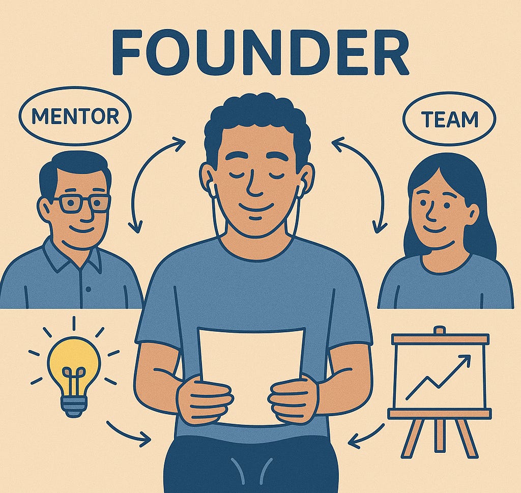 Illustration of a founder supported by a mentor, team, and ideas, highlighting the power of a strong founder support network. Illustration of a founder supported by a mentor, team, and ideas, highlighting the power of a strong founder support network.