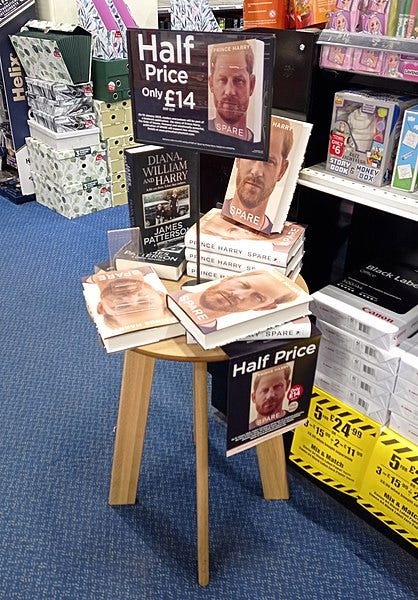 File:Half price copies of the Prince Harry memoir Spare in W. H. Smith London 14 Jan 2023.jpg