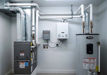 Modern residential hvac system with furnace and water heater setup Modern residential hvac system with furnace and water heater setup