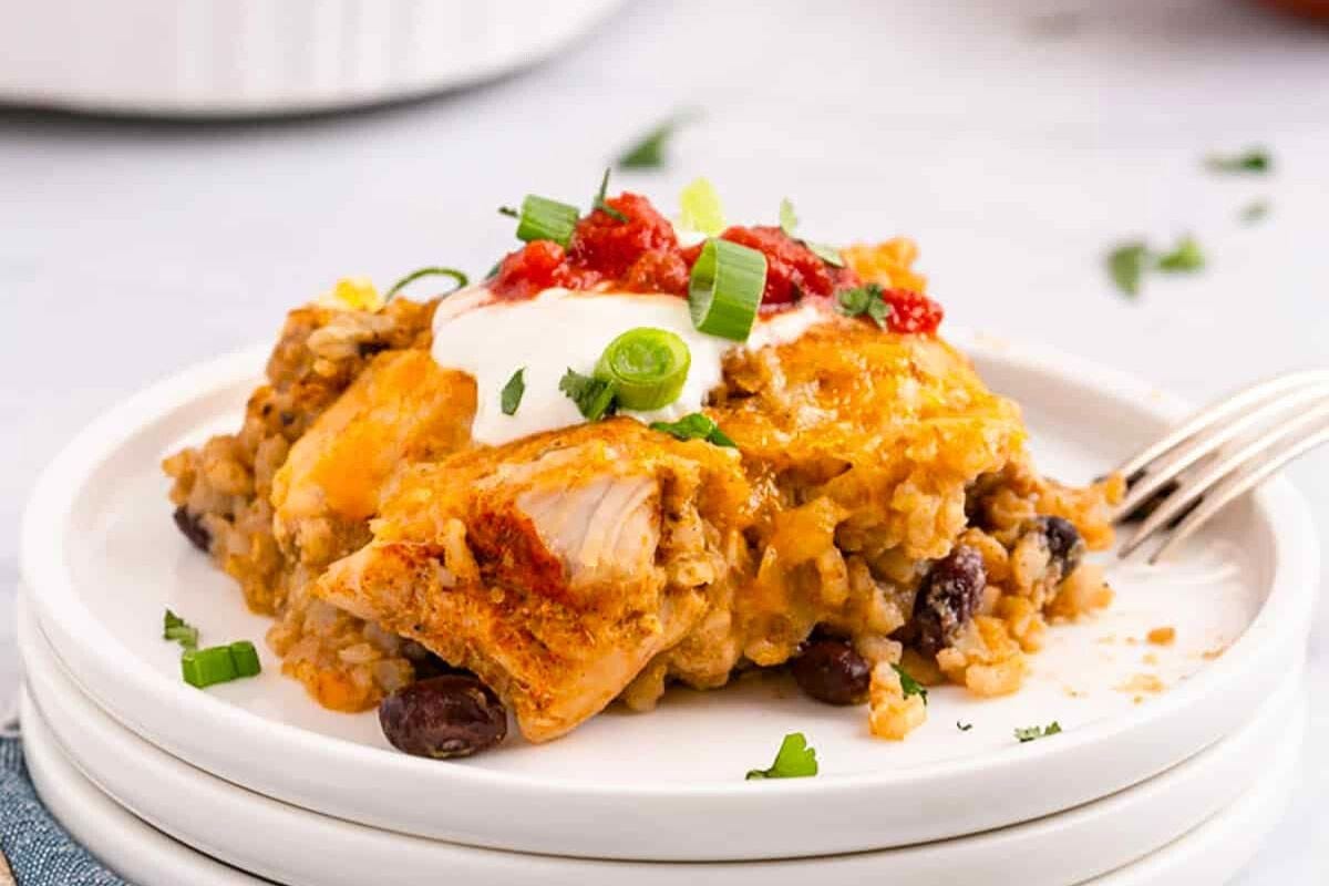 Southwest Chicken Casserole garnished with chopped spring onion.