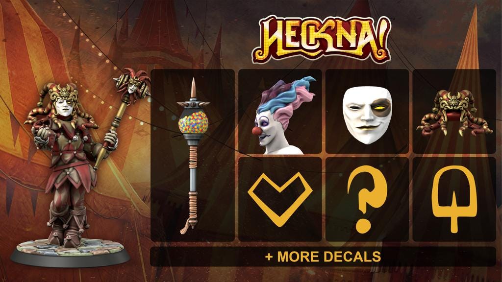 An assortment of Heckna! accessories and an example miniature made with them. Includes a gumball mallet, cotton candy-style hair, Heckna's mask and hat, and several decals. An assortment of Heckna! accessories and an example miniature made with them. Includes a gumball mallet, cotton candy-style hair, Heckna's mask and hat, and several decals.