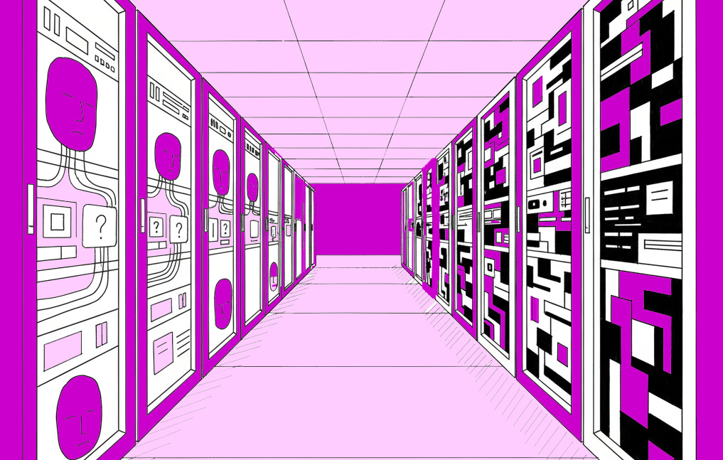 A bank of machines face each other, some contain faces, some blocks like machinery. AI image co-created with Gemini