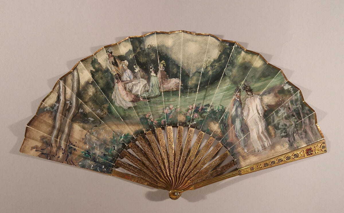 Image of an ornate French hand-fan from the 19th century with a pastoral scene hand painted on it. A group of women are on the edge of a field near some trees in the background and another group of people standing on a dirt path in the foreground. Image of an ornate French hand-fan from the 19th century with a pastoral scene hand painted on it. A group of women are on the edge of a field near some trees in the background and another group of people standing on a dirt path in the foreground.