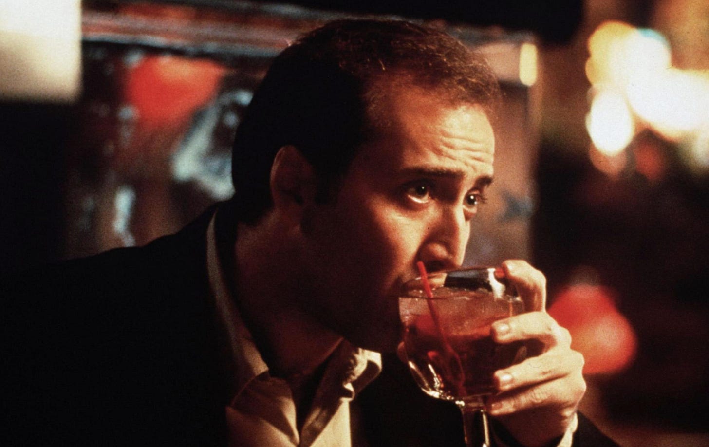 Nicholas Cage stars as Ben Sanderson in "Leaving Las Vegas" (1995), directed by Mike Figgis.
