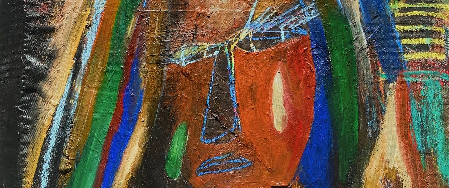 Close-up of the painting "Don't Worry, It's Only Passing Through" by Tarah Kandial. Showing a human face with strong orange shades for skin, blue highlights lines to mark eyes and nose, and multicoloured hair from thick brushstrokes.