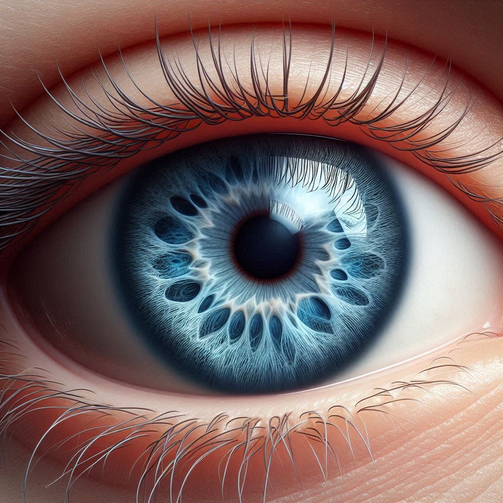 realistic close up of a pair of blue eyes showing the iris