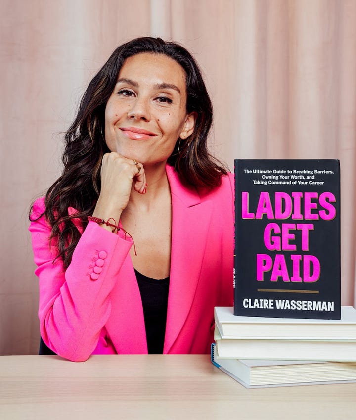 Left hand picture of Claire Wasserman and her book "Ladies Get Paid." Right hand picture of an excerpt from her newsletter "Really Good Work Advice."
