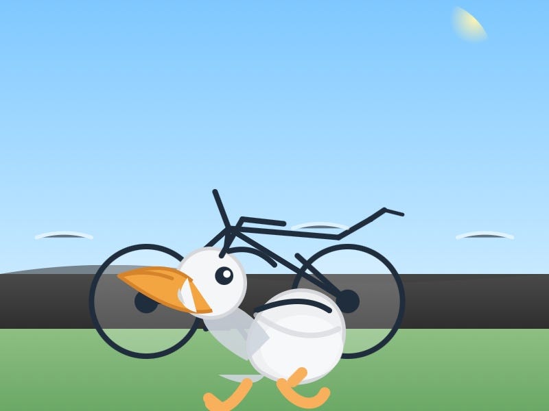 it's a bit messy - the pelican is quite good and the bicycle is quite good but the pelican is stood overlapping the bicycle not riding it.