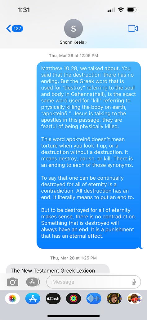 Screenshots of text messages between Dr. Shonn Keels and Brennen Mahaffey