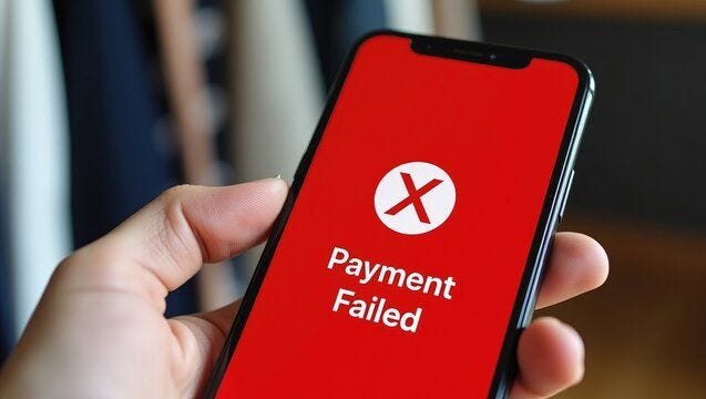 Notification of payment failure, declined. Red alert in the online financial transaction app displaying an error on a smartphone. Concept of online banking, transaction encryption, and secure conne...