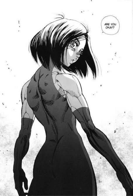 A grayscale panel from the Battle Angel ALita: Last Order manga. Alita, slightly-turned, looks over her shoulder and asks "are you okay." Her body is seamed with dozens of fine lines, imitating the flow and contours of a human body, but broken into sleek, tight-seamed panels.