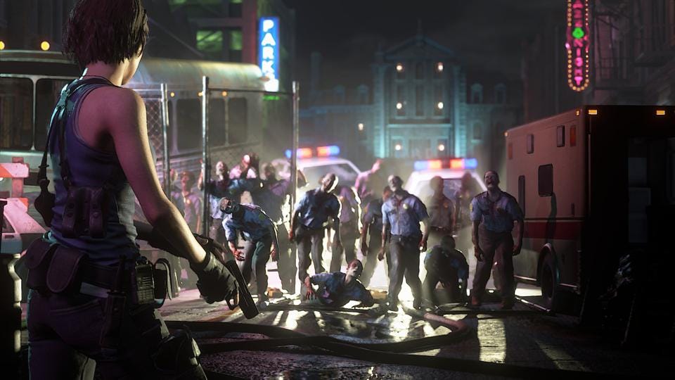 A woman wearing tactical gear holds a gun as she faces a horde of zombies coming at her through a chainlink fence