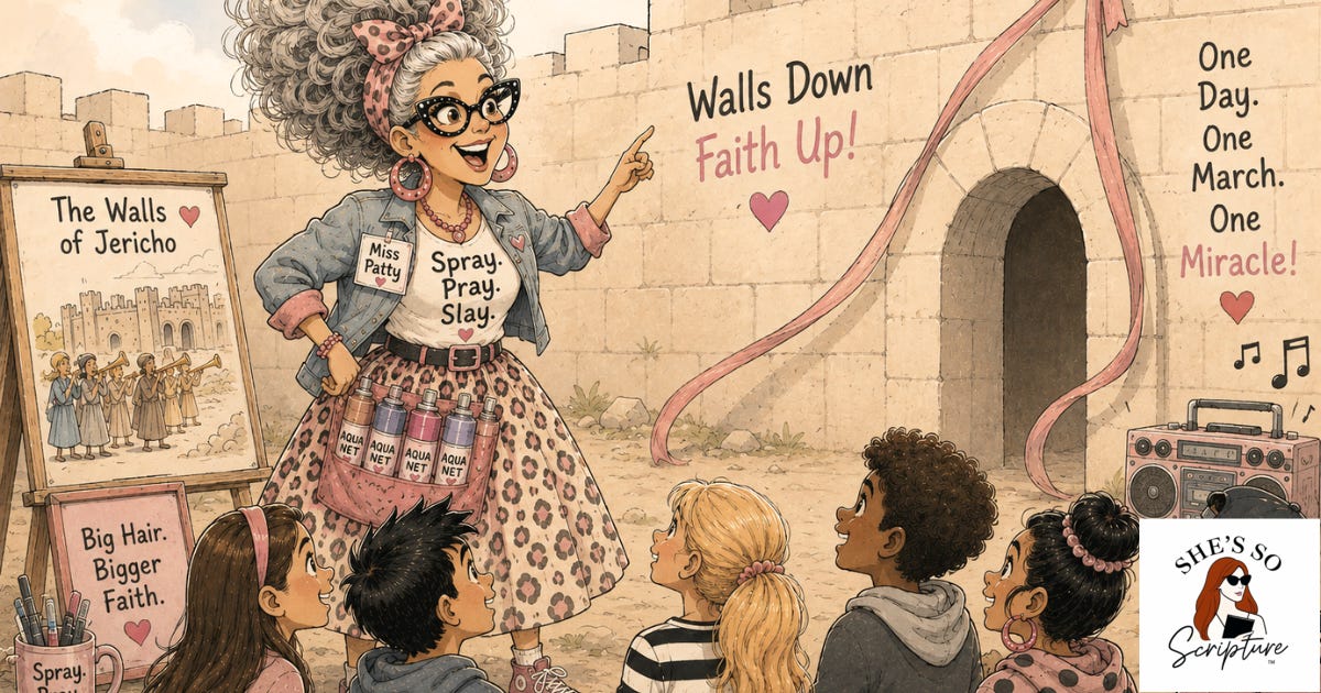 Cartoon Sunday school teacher with big gray curls, cat-eye glasses, and a skirt lined with hairspray cans teaches excited children in front of Jericho's walls, next to an easel reading "The Walls of Jericho" and "Big Hair. Bigger Faith." Cartoon Sunday school teacher with big gray curls, cat-eye glasses, and a skirt lined with hairspray cans teaches excited children in front of Jericho's walls, next to an easel reading "The Walls of Jericho" and "Big Hair. Bigger Faith."