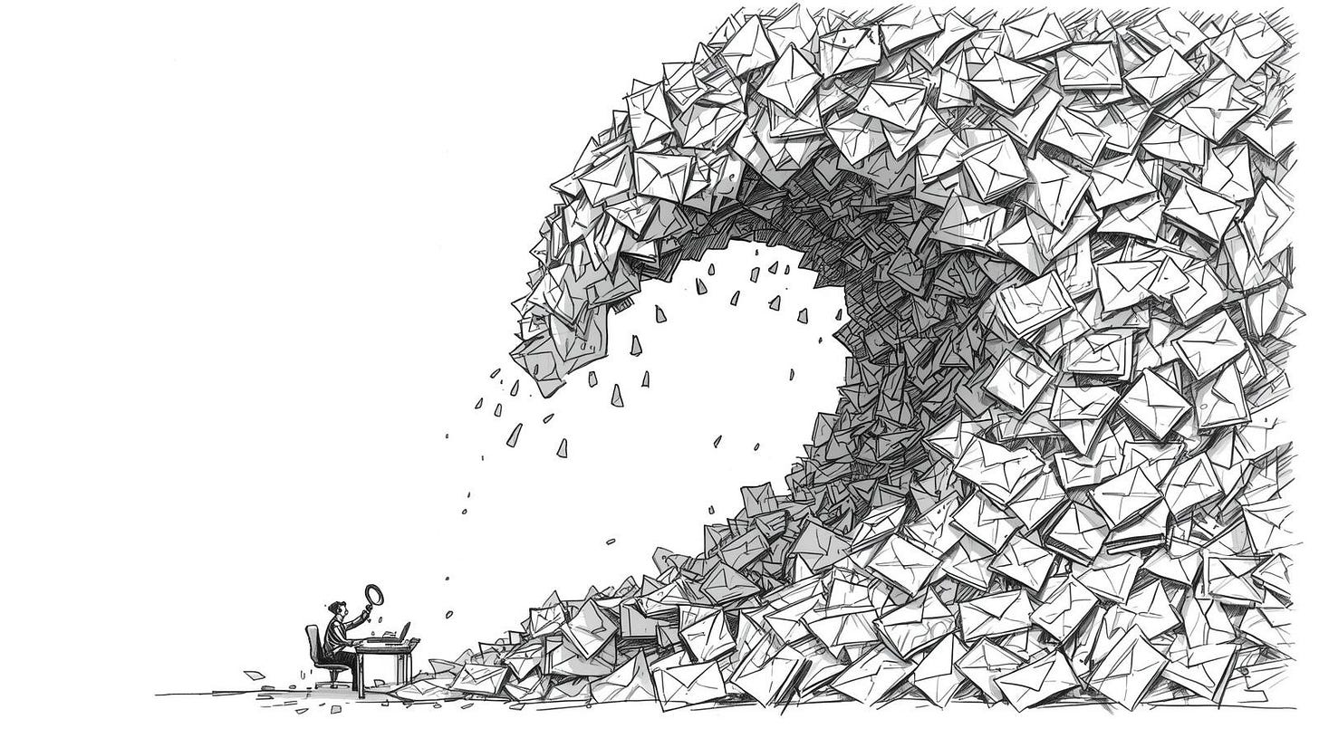 One small envelope buried under a towering wave of thousands of identical envelopes