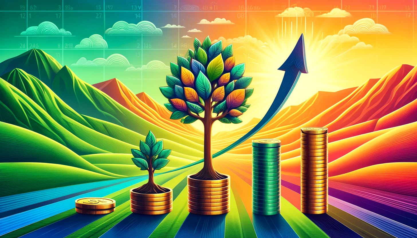 A multicolor landscape illustration showing the compounding effect through a Systematic Investment Plan (SIP). The image features a small plant growing into a large tree, symbolizing financial growth over time. Stacks of coins and upward arrows represent the increasing returns from consistent investments. The stages of growth are marked by a calendar, indicating the regular contributions of an SIP. The background includes vibrant gradients of green, gold, and blue to convey a sense of financial optimism and long-term success. A pathway of coins leads to the growing tree, illustrating the compounding power of SIP.