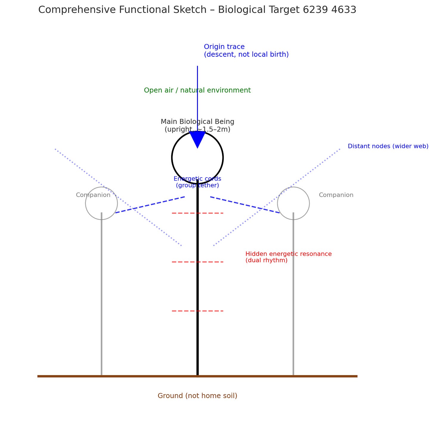 Main upright figure with black oval head, labeled ~1.5–2 m tall. Blue arrow from above shows origin descent. Blue dashed lines extend sideways to two gray companions, showing energetic cords. Additional dotted blue lines connect to faint distant nodes. Red dashed lines across torso mark hidden dual resonance. Ground is brown, labeled not home soil, with green text for open air above. Main upright figure with black oval head, labeled ~1.5–2 m tall. Blue arrow from above shows origin descent. Blue dashed lines extend sideways to two gray companions, showing energetic cords. Additional dotted blue lines connect to faint distant nodes. Red dashed lines across torso mark hidden dual resonance. Ground is brown, labeled not home soil, with green text for open air above.