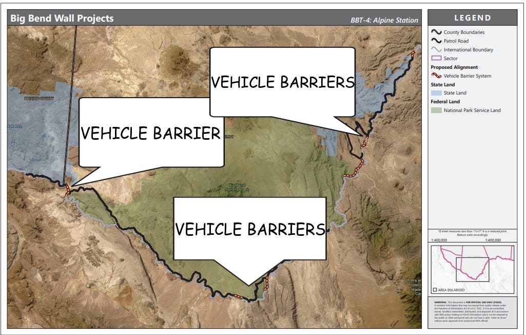 This US Government map indicates that the vehicle barriers in Big Bend National Park are planned in six different sites adjacent to the Rio Grande along different sections of the river. I have added graphics pointing to those locations to make them easier to spot (US Government graphic/enhanced by Jack Beavers)