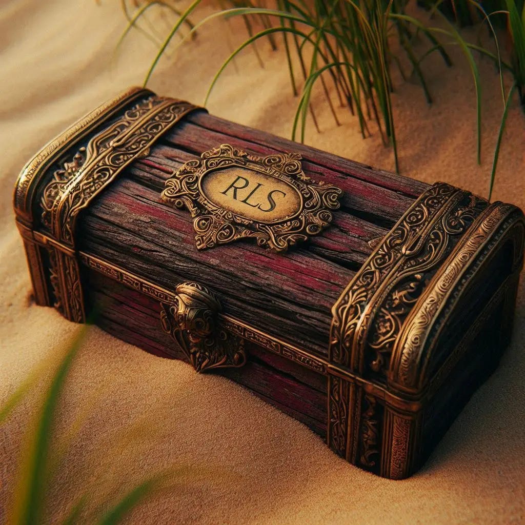 A long box of dark and worn red wood, with golen brass edgings and a small plaque in the centre of the lid saying "RLS" lies half- buried in sand. Grass tufts surround the hole.